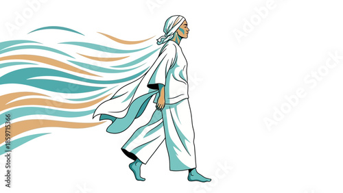 Peaceful Woman Walking with Flowing Hair and Cloak in Abstract Illustration