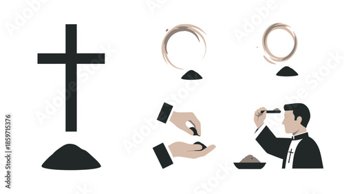 Black cross symbol with priest giving communion and circular symbols