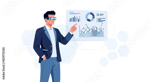 Futuristic analytics: Businessman wearing augmented reality glasses analyzing data charts