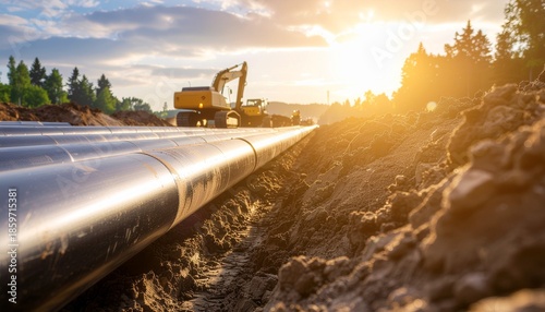 A massive black pipeline is being laid in a muddy trench, dramatically highlighted by warm golden sunset light.