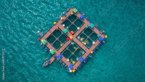 Floating Platform in Blue Water With Colorful Tents and Boats Nearby in Sunny...
