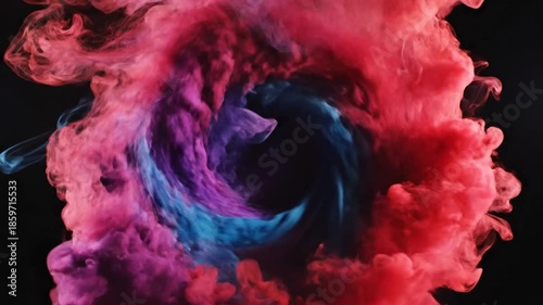 Abstract red and blue smoke explosion on black background with swirling textures and volumetric effect