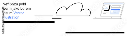 Cloud computing, digital storage, web searches, online data, technology solutions, internet use. Minimalist laptop with a cloud icon and search bar. Cloud computing and digital storage focus