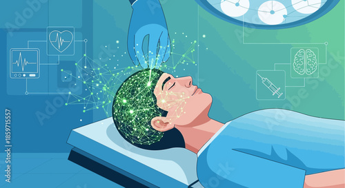 Futuristic brain surgery concept showcasing neurological network and advanced medical technology