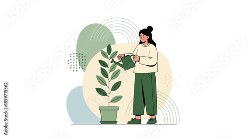 Woman Watering Indoor Plant with a Green Watering Can in a Minimalist Botanical Setting