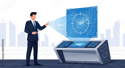 Futuristic business presentation of city planning with advanced holographic interface technology