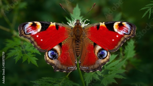 Butterfly With Red Wings Rests on a Green Leaf in a Garden During a Sunny Day