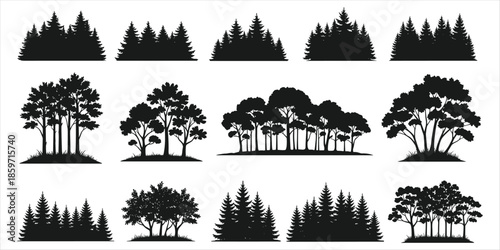 Collection of black tree silhouettes including forests and individual trees Keywords: tree, trees, silhouette, black, dark