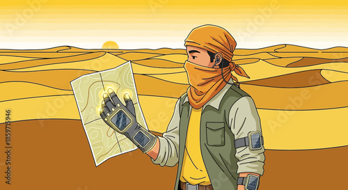Futuristic desert explorer navigating sandy dunes with advanced technology for survival