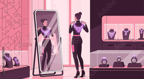 Futuristic fashion showcase woman with glowing necklace fitting session in elegant boutique