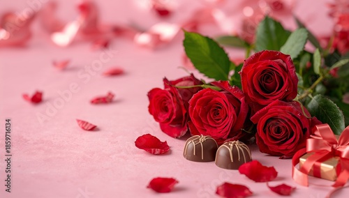Roses and Chocolates Arranged on a Pink Surface for a Celebration or Occasion