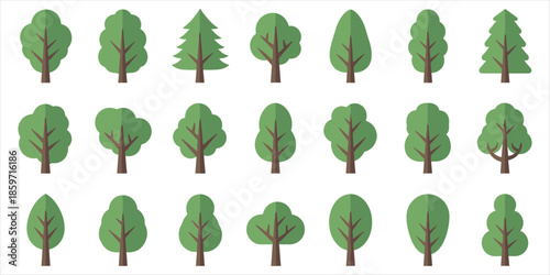 Collection of flat design green trees on a white background Keywords: tree, trees, nature, green, forest, wood, plant, leaf