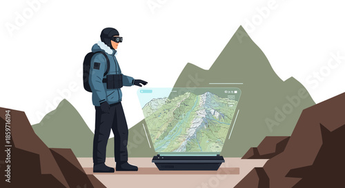 Futuristic hiker utilizing augmented reality map for navigation in mountainous terrain