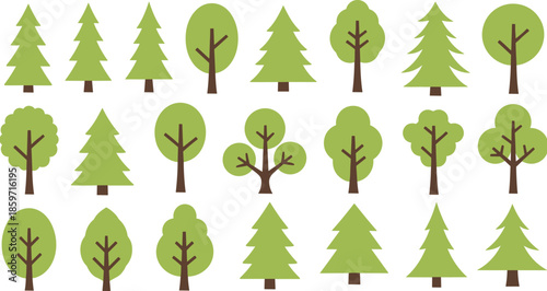Collection of Flat Design Green Trees and Pine Trees on White Background Keywords: tree, trees, pine tree, fir tree, evergreen