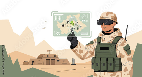 Futuristic military technology soldier using augmented reality interface in desert landscape