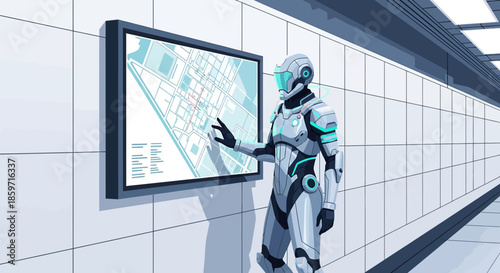 Futuristic navigator robot interacting with a digital map in a tiled minimalist corridor setting