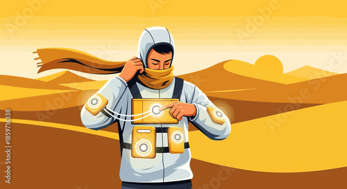 Futuristic nomad using advanced technology for survival in a stylized desert landscape illustration