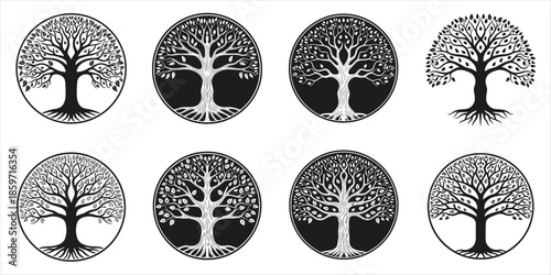 Collection of stylized circular tree of life emblems and silhouettes symbol circle