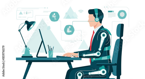 Futuristic office worker with robotic enhancement concept portraying technology integration and
