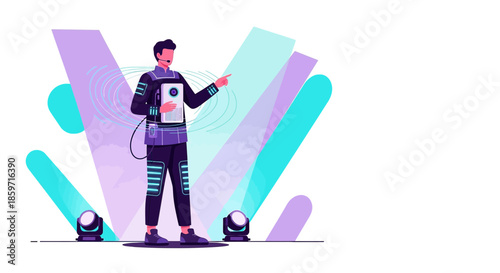 Futuristic presenter delivering a speech at a tech conference on a brightly lit stage