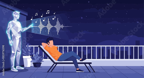 Futuristic Relaxation: A man enjoying music on a rooftop with AI assistance under starry night