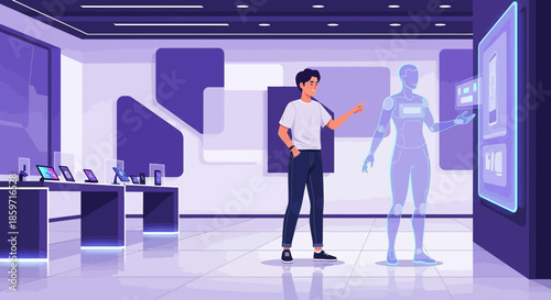 Futuristic technology store showcasing holograms and interactive displays engaging user experience