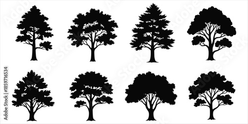 Diverse Black Silhouette Tree Icons with Detailed Foliage Keywords: tree, silhouette, black, icon, vector, nature, forest