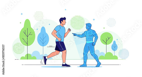 Futuristic training illustration: A runner interacts with a holographic personal trainer