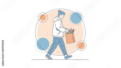 Young woman walking outdoors with shopping bag wearing face mask and hoodie minimalist illustration
