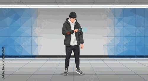 Futuristic Techwear Style: Young Man Interacting with Augmented Reality Interface in Modern Setting