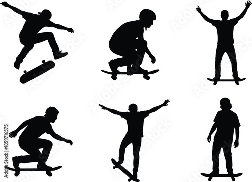 Skateboarder silhouette set showing male skaters performing various tricks and jumping in different action poses isolated on white background design