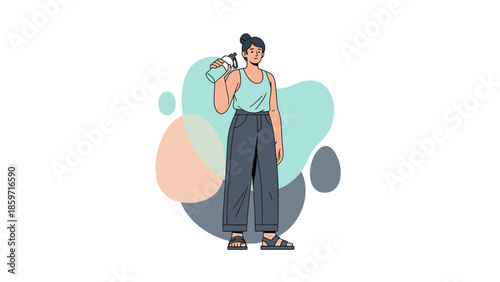 Young woman with backpack and water bottle standing confidently on a colorful abstract background
