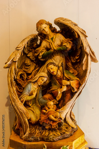 Nativity Scene Sculpture With Mary, Baby Jesus, And Angels In Ornate Wooden Frame