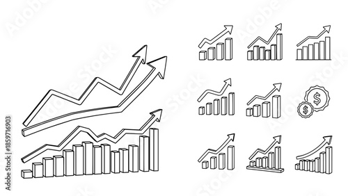 A collection of hand-drawn financial growth charts and icons with upward trending arrows, illustrating rising data