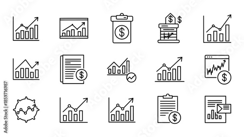 A collection of financial and business growth icons, depicting charts, graphs, documents, and dollar signs, illustrating economic concepts