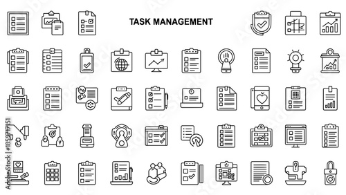 A collection of iconographic outlines, depicting task management with various clipboards and checklists. Also, graphical representations for organization