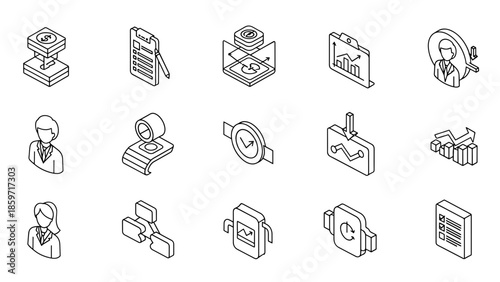 A collection of isometric black and white business icons depicting office supplies, charts, people, and time elements