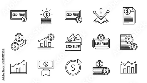 A collection of financial icons, primarily focusing on money flow and financial analysis. Includes charts, graphs, and currency symbols