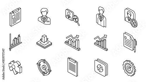 A collection of isometric black and white business icons including charts, people, documents, and gears