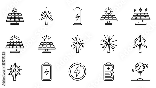 A collection of energy icons showcasing solar panels, wind turbines, and batteries, promoting renewable resources