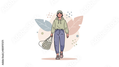 Casual young woman with a bag and hoodie walking outdoors with leaves in the background