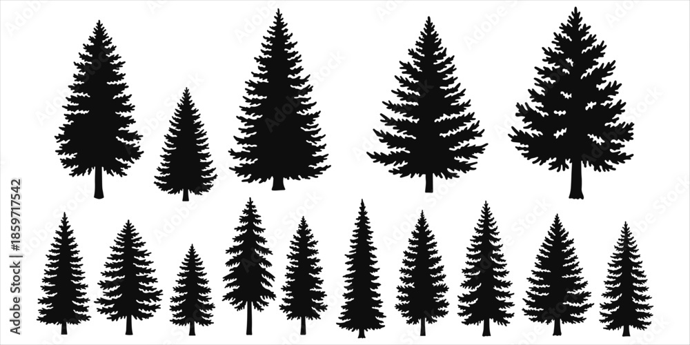 Obraz premium Group of black silhouettes of various sizes and shapes of pine trees Keywords: tree, trees, pine, fir, spruce, silhouette, black