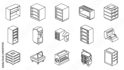 A collection of fifteen isometric illustrations of various storage furniture pieces, including cabinets, drawers, and shelving units. Each is in a clean, minimalist style