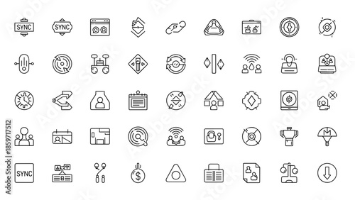 A collection of forty-nine minimalistic monochrome icons, each depicting a different concept, from communication symbols to finance signs