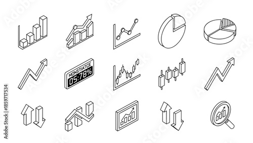 A collection of isometric black and white financial graphs, charts, and diagrams, representing data analysis and business trends