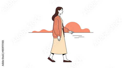 Stylish young woman walking along a serene beach with a sunset in the background