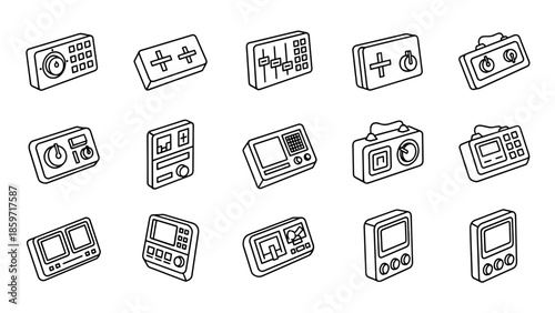 A collection of fifteen black and white, isometric-style illustrations of electronic control panels. Each device is unique