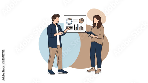 business meeting with data presentation and discussion between man and woman in modern office