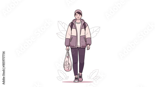 Casual young woman walking outdoors with backpack and nature elements in minimalistic illustration
