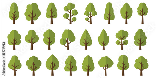 Set of 21 flat design green trees with brown trunks and branches on a white background Keywords: tree, trees, nature, green
